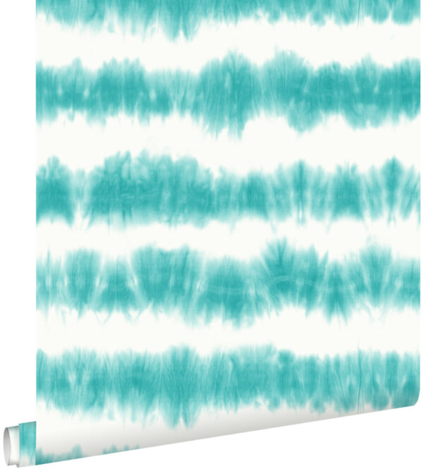 ESTAhome tapeet horisontaalsed tie-dye shibori triibud - intensiivne türkiis ja matt valge