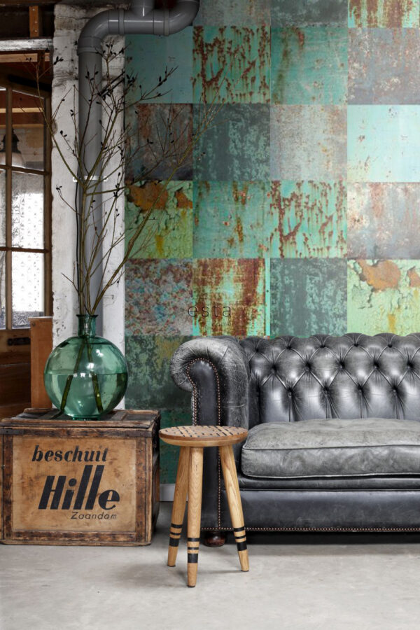 ESTAhome mittekootud tapeet XXL patchwork roostes kulunud metallplaadid mere roheline ja pruun