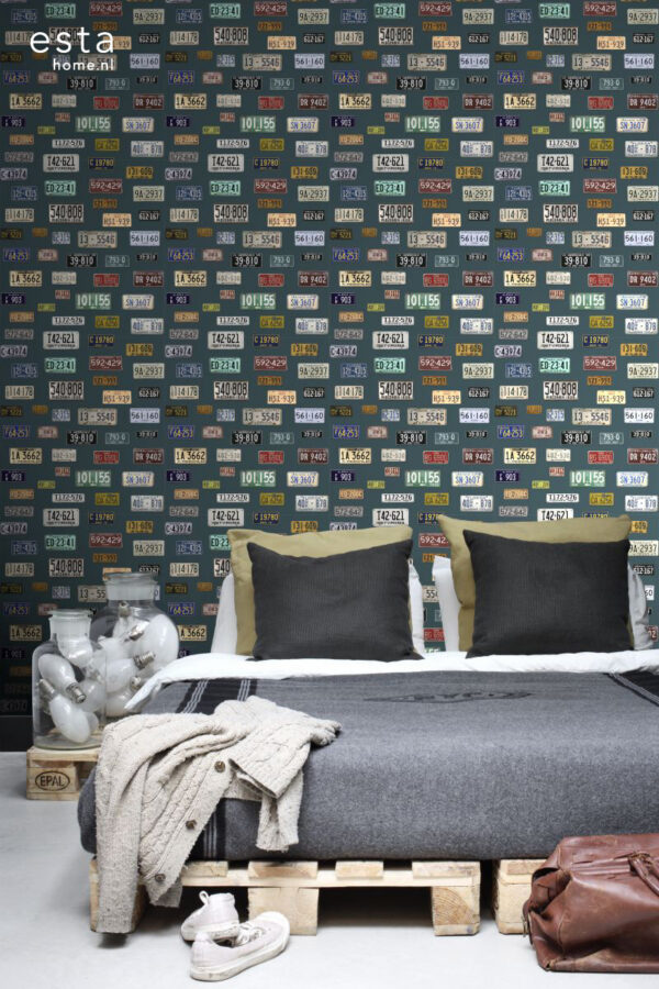 ESTAhome mittekootud tapeet XXL vintage numbrimärgid - sinakasroheline