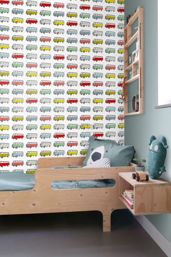 ESTAhome mittekootud tapeet XXL vintage Volkswagen Transporter - kollane, sinine, hall, punane ja roheline