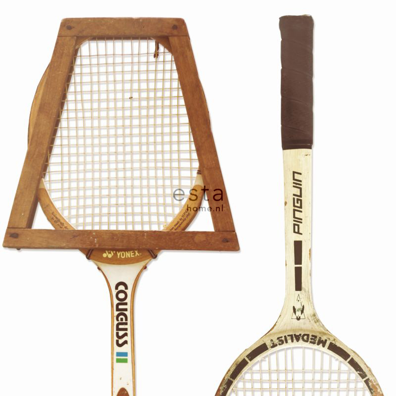 ESTAhome mittekootud tapeet XXL vintage tennisereketid - valge, pruun ja beež