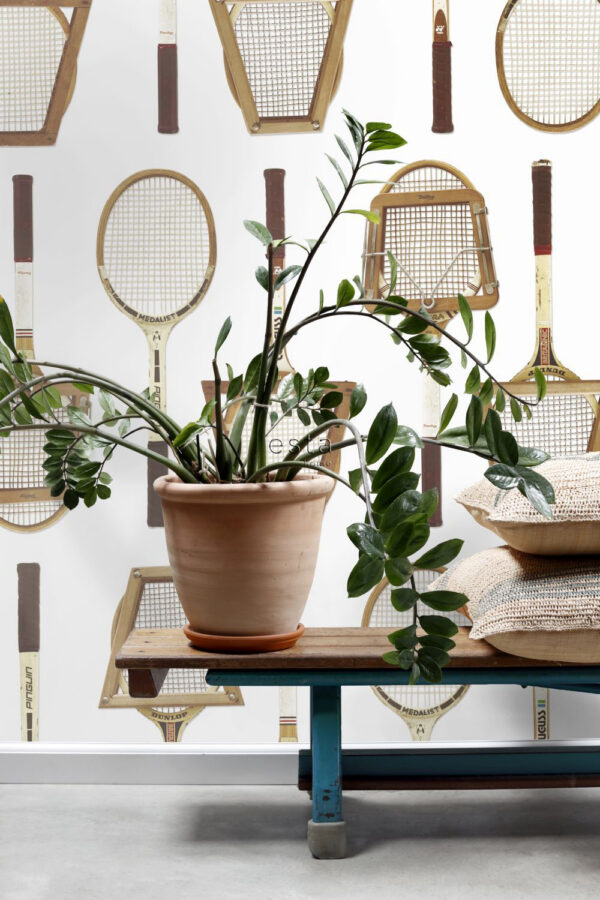ESTAhome mittekootud tapeet XXL vintage tennisereketid - valge, pruun ja beež