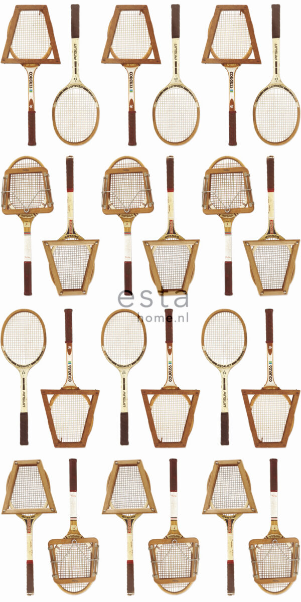 ESTAhome mittekootud tapeet XXL vintage tennisereketid - valge, pruun ja beež