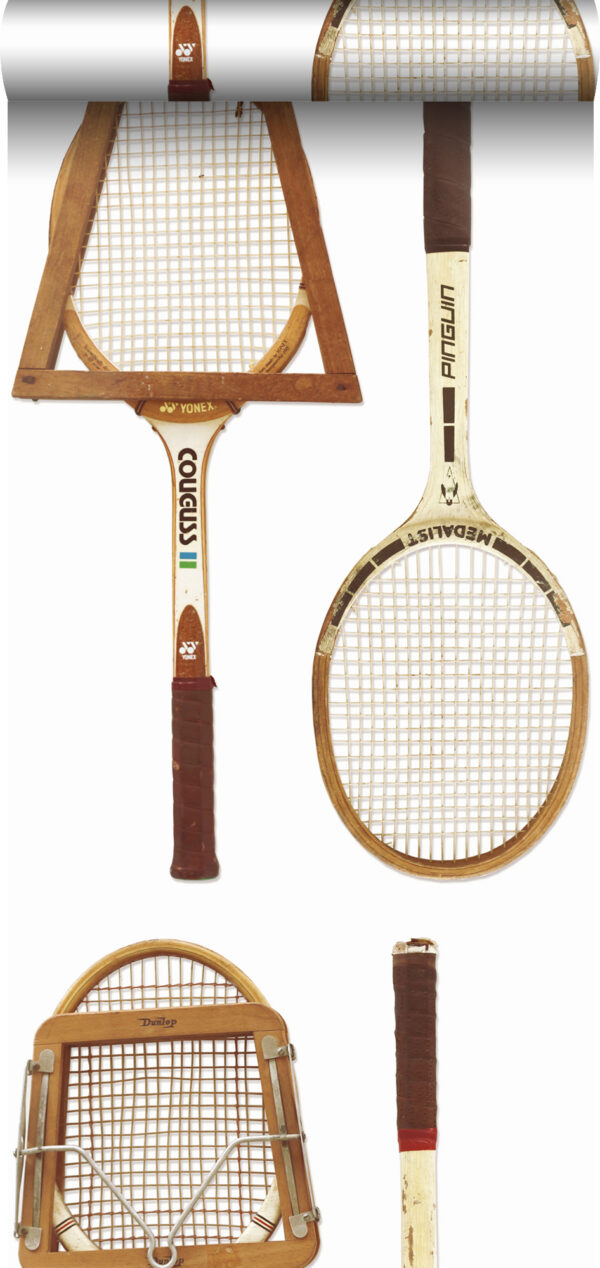 ESTAhome mittekootud tapeet XXL vintage tennisereketid - valge, pruun ja beež