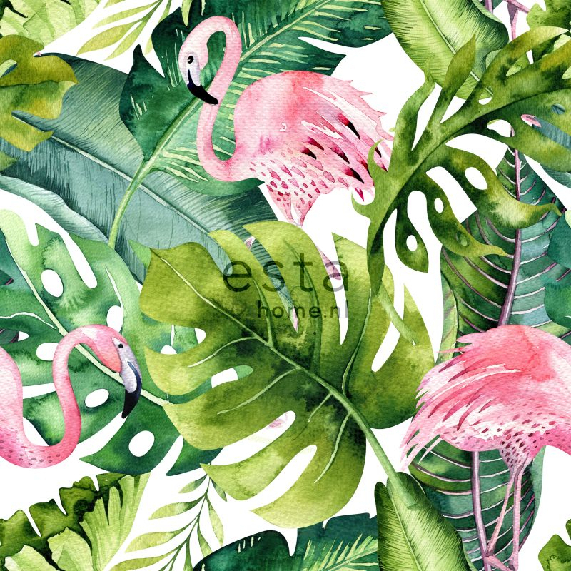 ESTAhome mittekootud tapeet XXL troopilised lehed flamingodega - roheline ja roosa