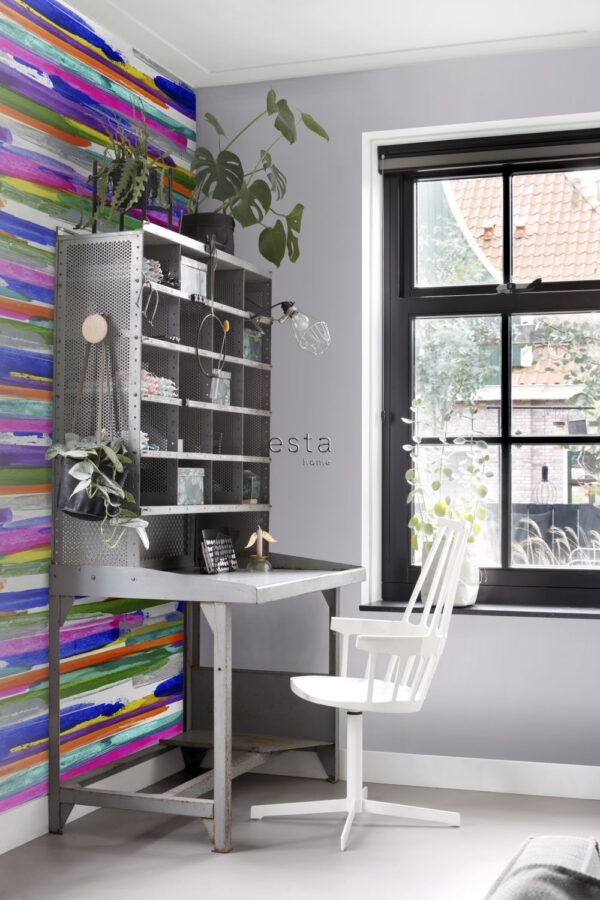 ESTAhome horisontaalsed triibud fototapeet - sinine, roheline, lilla ja roosa