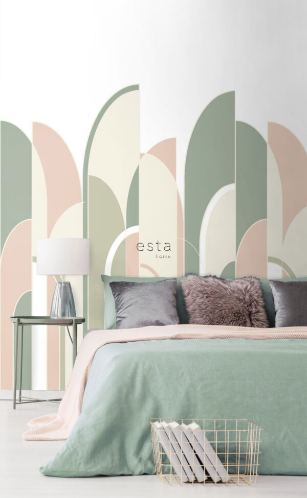 ESTAhome fototapeet art deco motiiv - hallikasroheline, virsikuroosa ja valge