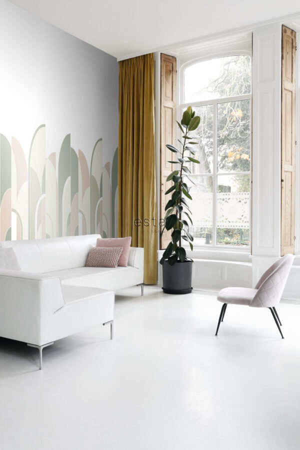 ESTAhome fototapeet art deco motiiv - hallikasroheline, virsikuroosa ja valge