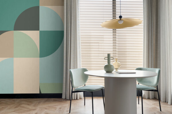ESTAhome Bauhaus stiilis ümmargused fototapeet - petroolroheline, mündiroheline ja beež