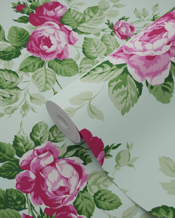 Origin Wallcoverings tapeet roosid - seladonroheline ja roosa