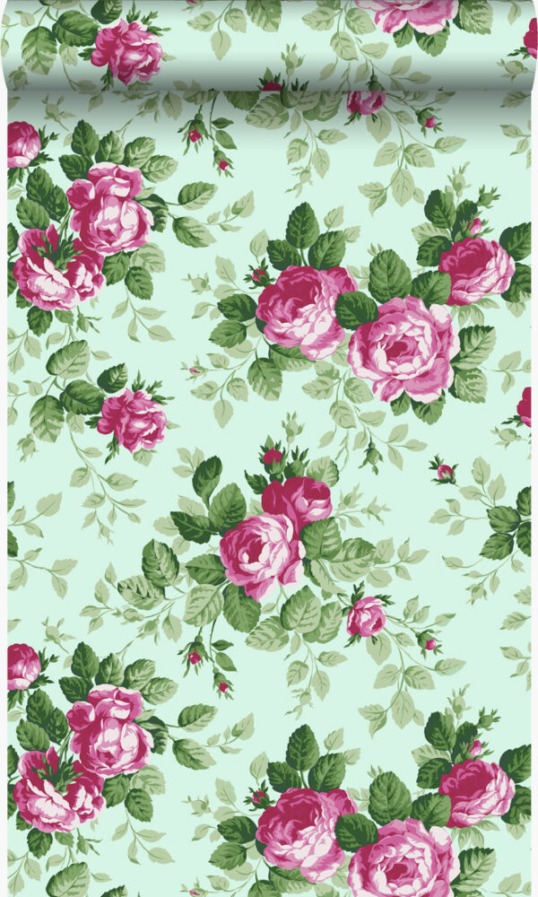 Origin Wallcoverings tapeet roosid - seladonroheline ja roosa