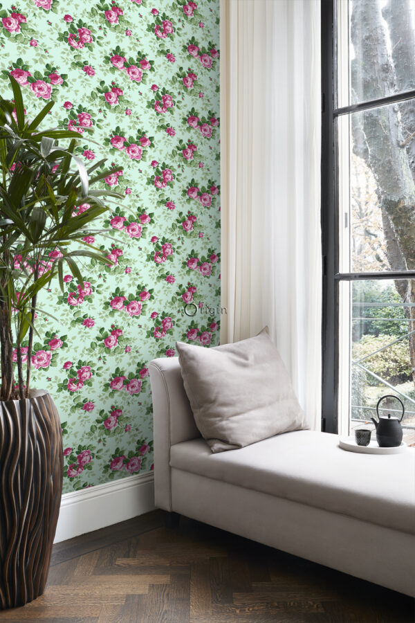Origin Wallcoverings tapeet roosid - seladonroheline ja roosa