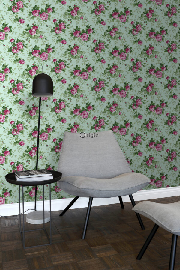 Origin Wallcoverings tapeet roosid - seladonroheline ja roosa