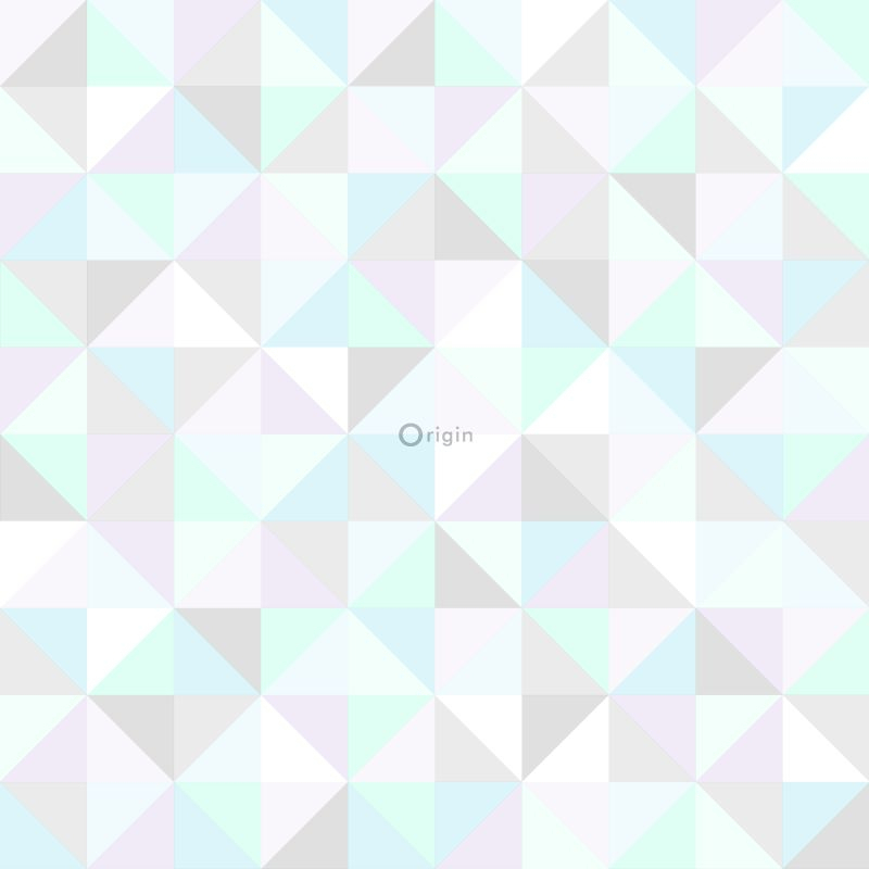 Origin Wallcoverings tapeet kolmnurgad - pastelllilla, mündiroheline, läikiv hõbehall ja pastellsinine