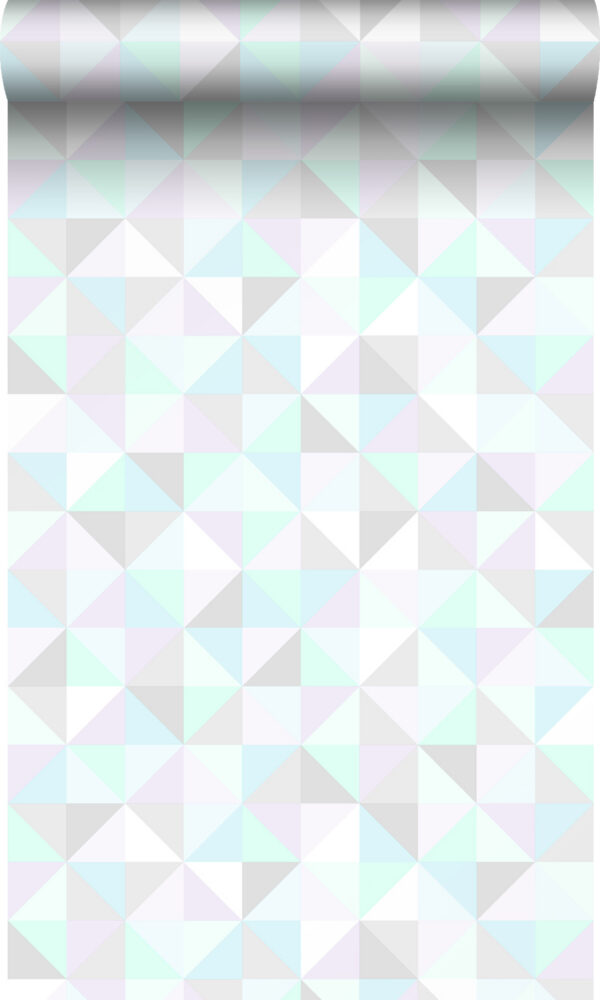 Origin Wallcoverings tapeet kolmnurgad - pastelllilla, mündiroheline, läikiv hõbehall ja pastellsinine