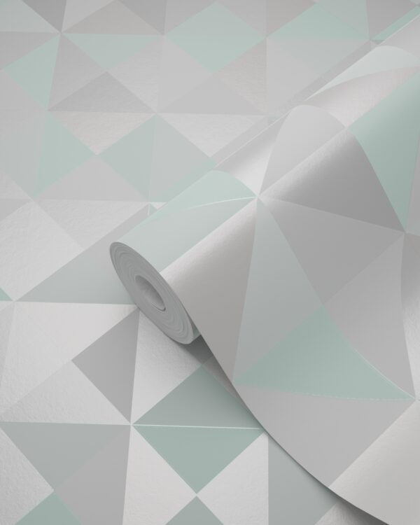 Origin Wallcoverings tapeet kolmnurgad - mündiroheline, hele soe hall, mattvalge ja läikiv smaragdroheline