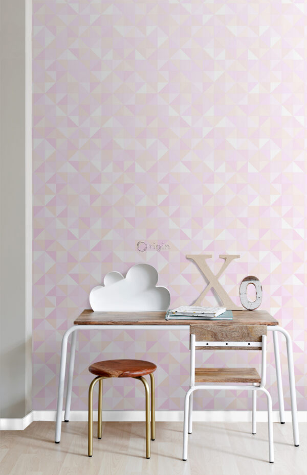 Origin Wallcoverings tapeet kolmnurgad - hele pastellroosa ja virsikuroosa