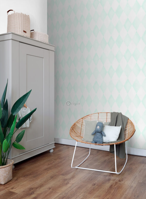 Origin Wallcoverings tapeet rombimotiiv - mattvalge ja mündiroheline