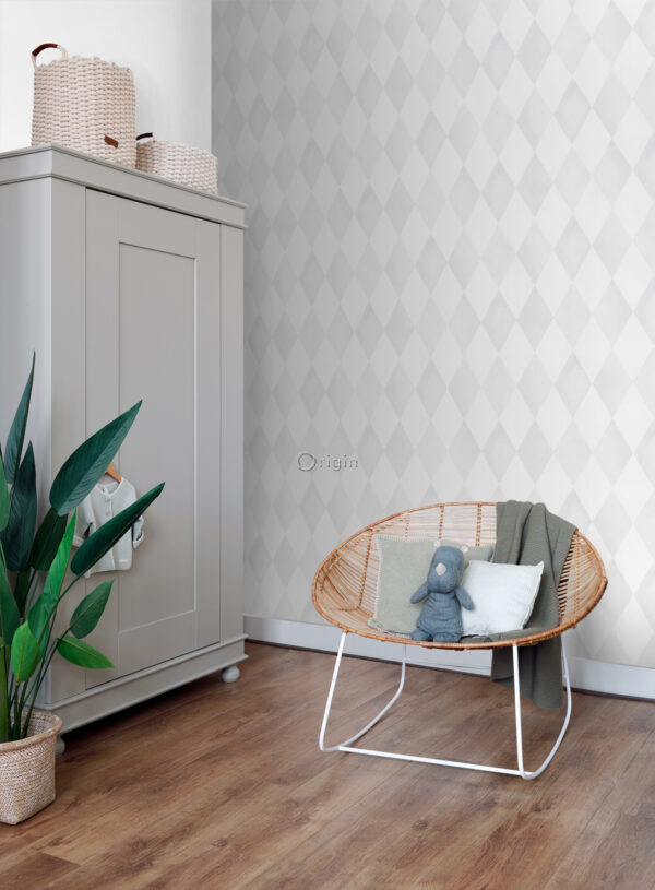 Origin Wallcoverings tapeet rombimotiiv - matt valge ja hele soe hall