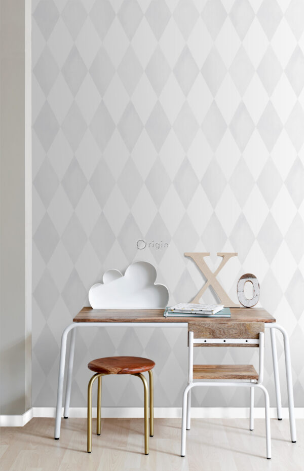 Origin Wallcoverings tapeet rombimotiiv - matt valge ja hele soe hall