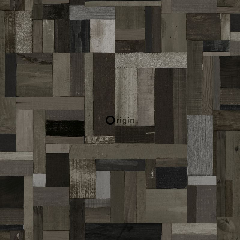 Origin Wallcoverings tapeedi motiiv purustatud puidust lauad - must ja hall