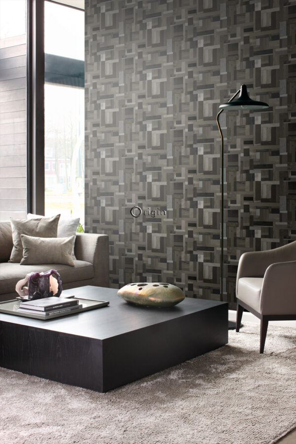 Origin Wallcoverings tapeedi motiiv purustatud puidust lauad - must ja hall