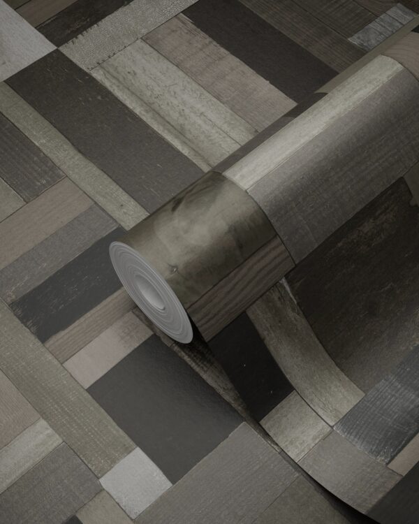 Origin Wallcoverings tapeedi motiiv purustatud puidust lauad - must ja hall