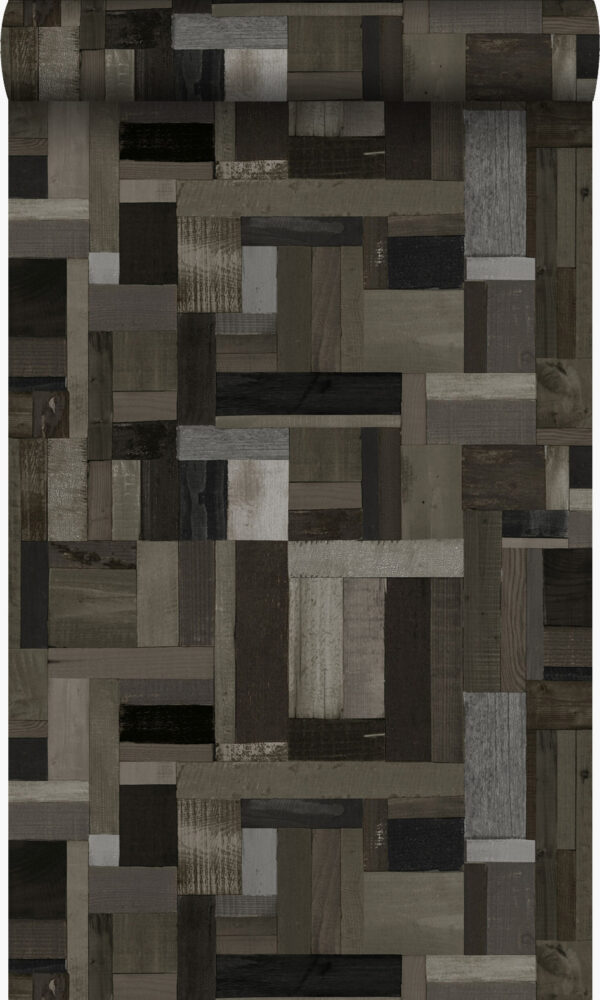 Origin Wallcoverings tapeedi motiiv purustatud puidust lauad - must ja hall