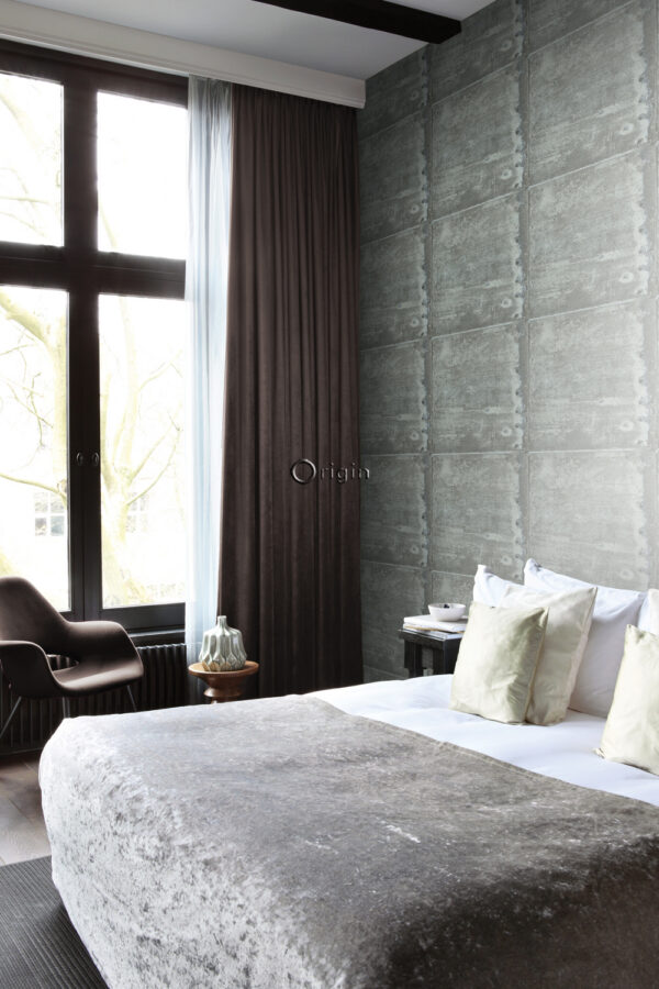Origin Wallcoverings tapeet suured roostetanud metallplaadid naeltega - hele laguunroheline