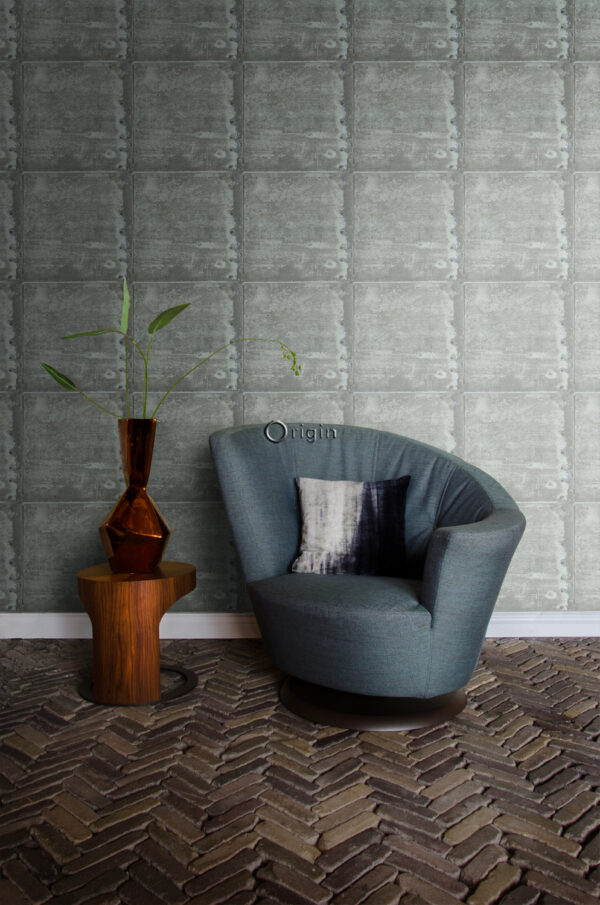 Origin Wallcoverings tapeet suured roostetanud metallplaadid naeltega - hele laguunroheline