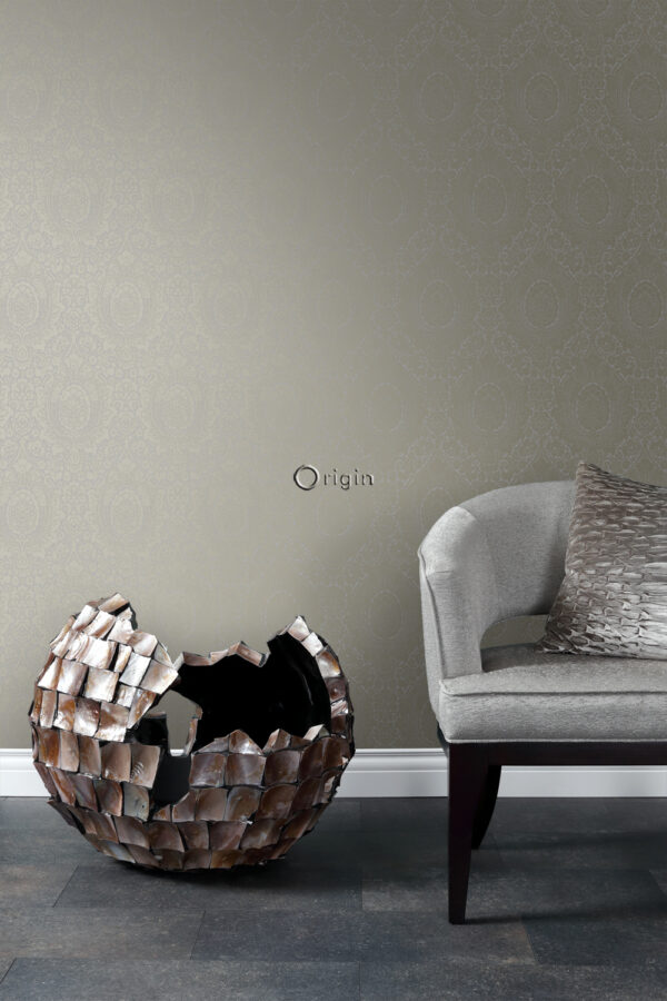 Origin Wallcoverings tapeet ornament - taupe ja läikiv pronks