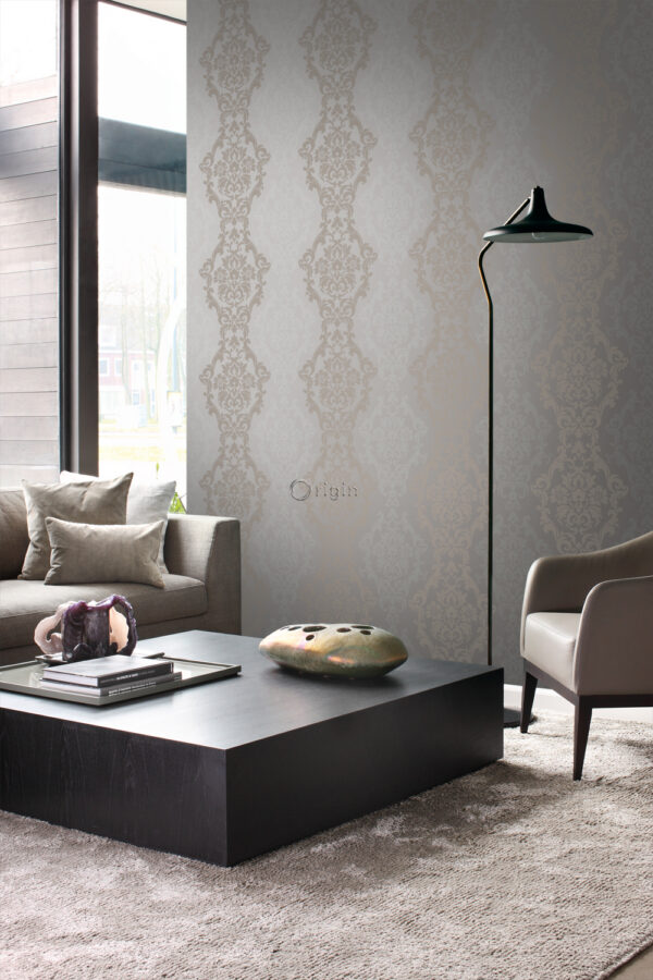 Origin Wallcoverings tapeet ornament taupe ja läikiv pronks