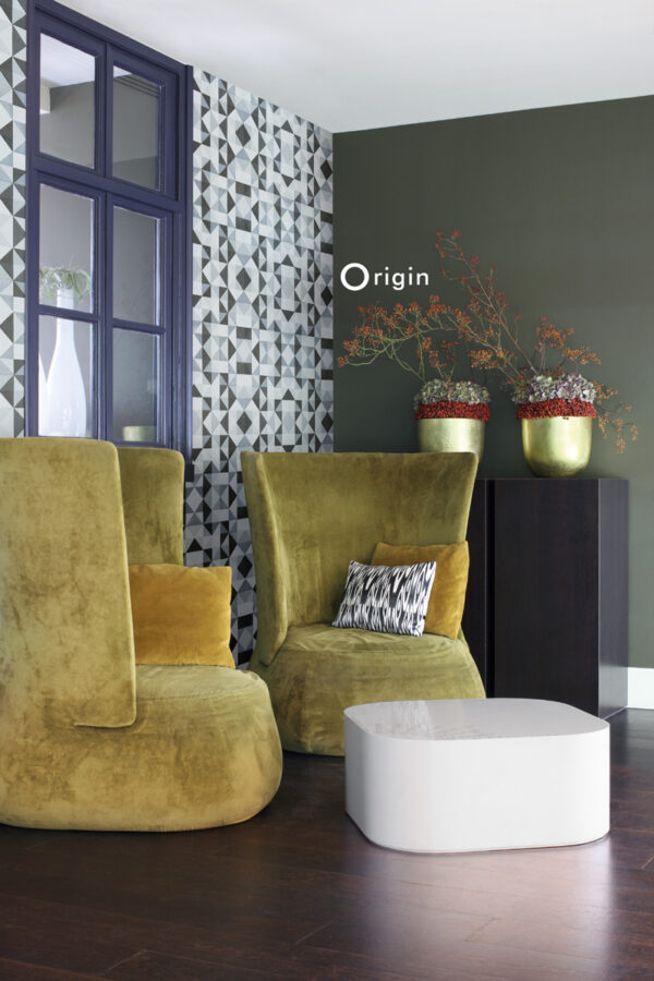 Origin Wallcoverings tapeet kubism must ja valge