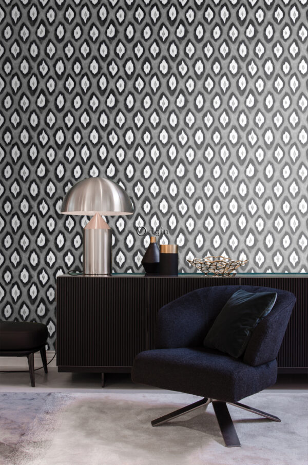 Origin Wallcoverings tapeet ikat - must ja valge