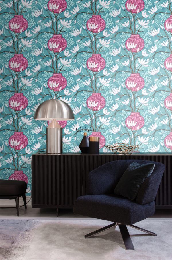 Origin Wallcoverings magnoolia tapeet - türkiis ja roosa