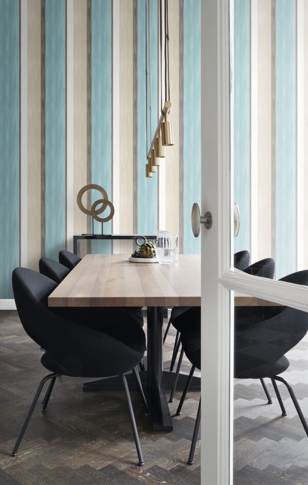 Origin Wallcoverings triibuline tapeet - türkiis ja beež