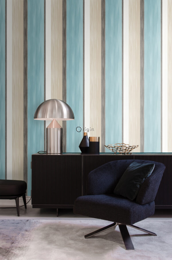 Origin Wallcoverings triibuline tapeet - türkiis ja beež