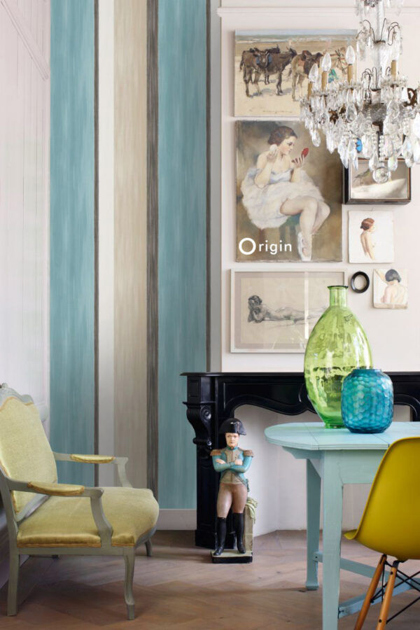 Origin Wallcoverings triibuline tapeet - türkiis ja beež