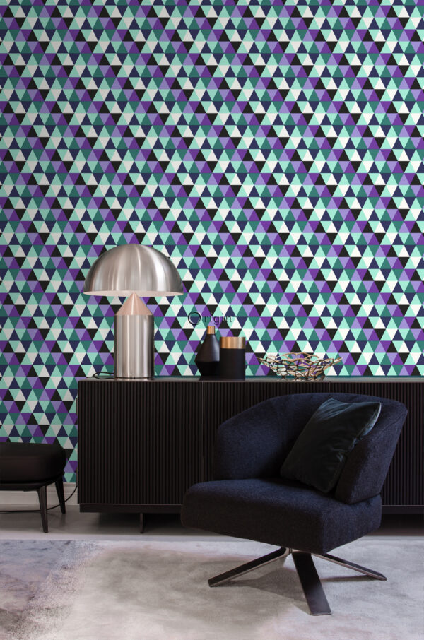 Origin Wallcoverings graafilised kolmnurgad tapeet - lilla ja hele taevasinine