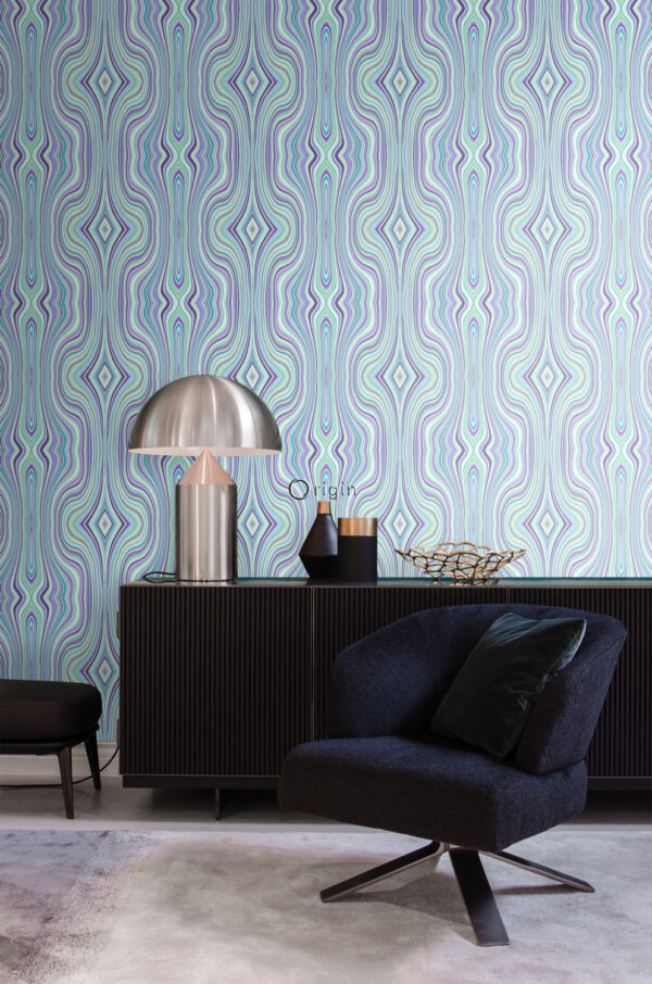 Origin Wallcoverings graafilised jooned tapeet - türkiis ja lilla