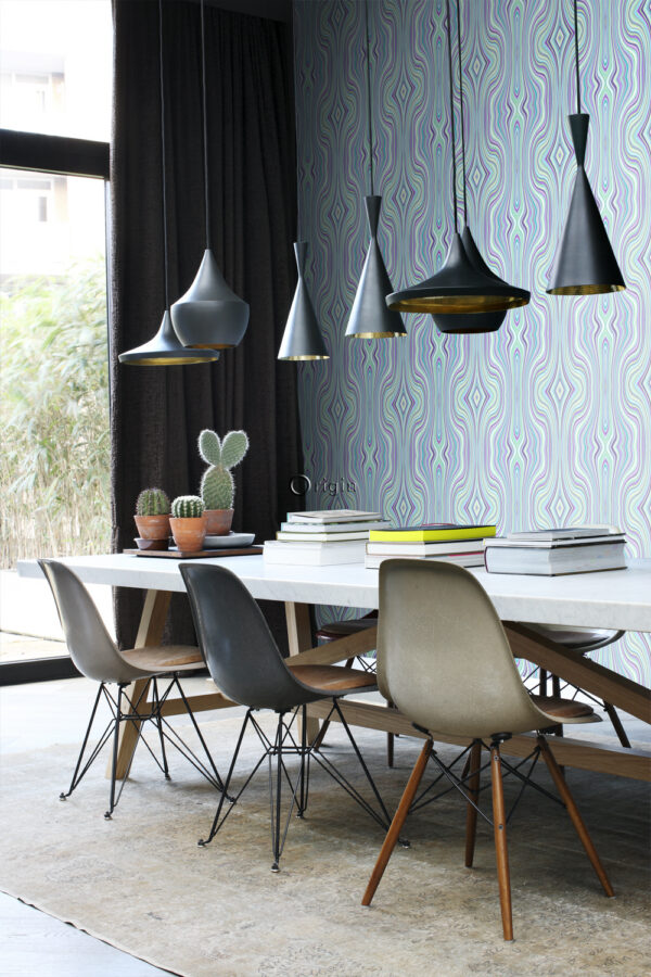 Origin Wallcoverings graafilised jooned tapeet - türkiis ja lilla