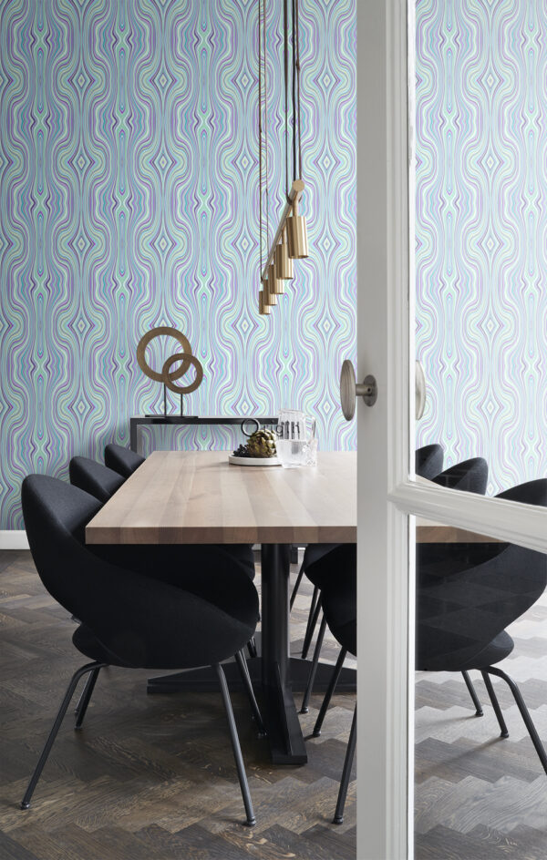 Origin Wallcoverings graafilised jooned tapeet - türkiis ja lilla