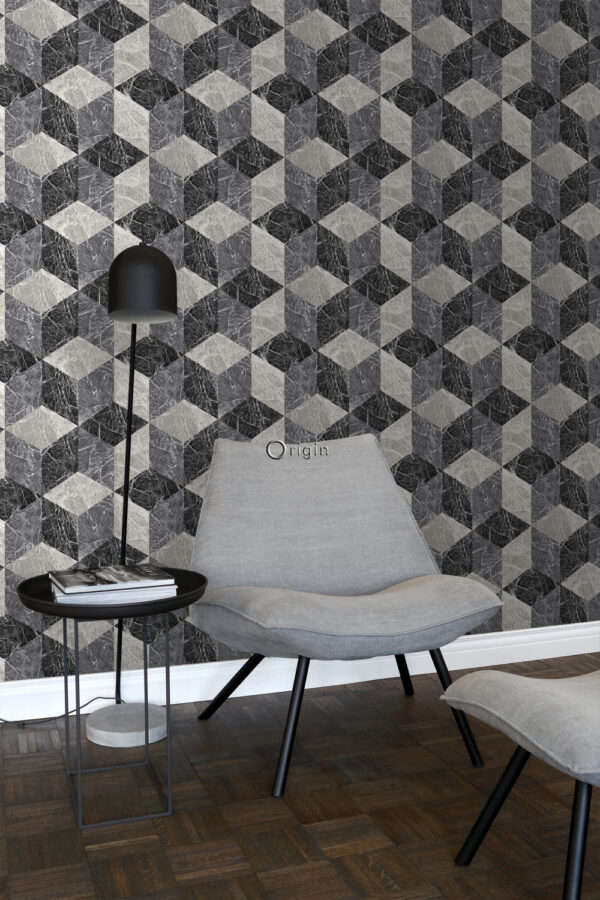Origin Wallcoverings tapeet 3D marmorimotiiv - must ja hall