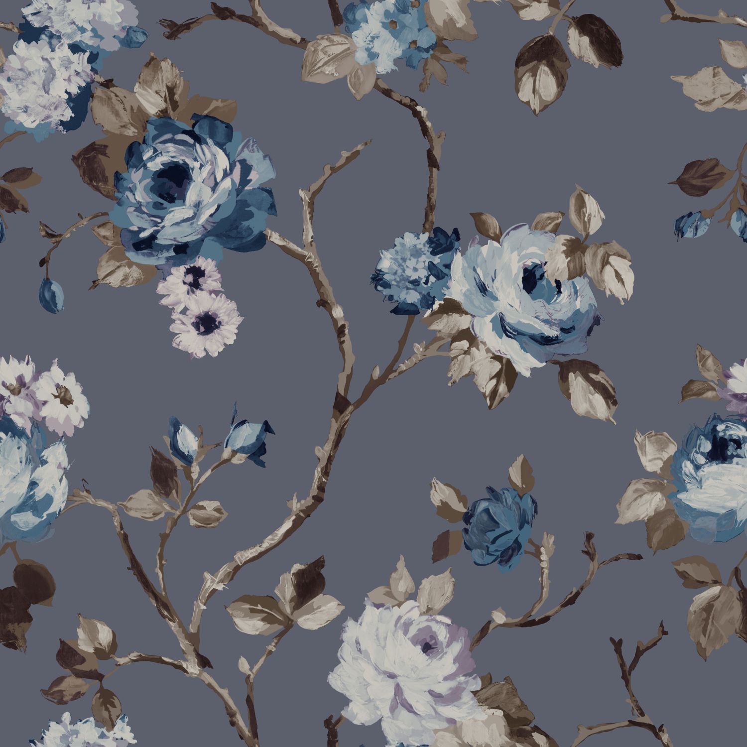 Origin Wallcoverings tapeet lilled vintage sinine ja hallikaspruun