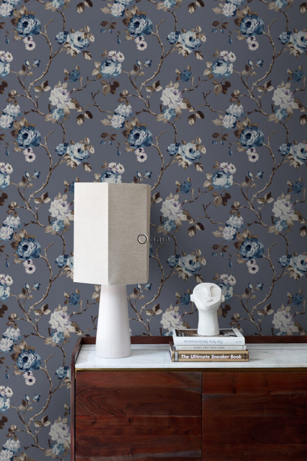 Origin Wallcoverings tapeet lilled vintage sinine ja hallikaspruun