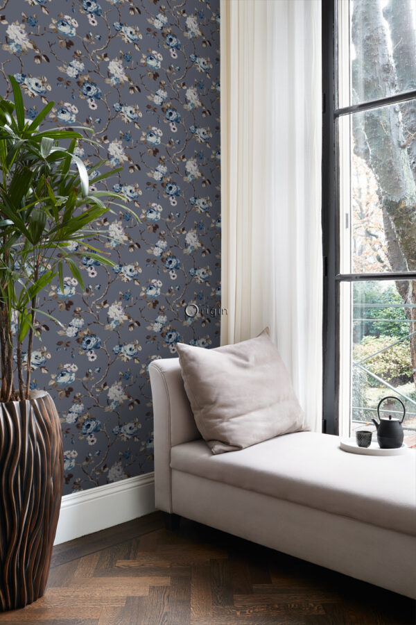 Origin Wallcoverings tapeet lilled vintage sinine ja hallikaspruun