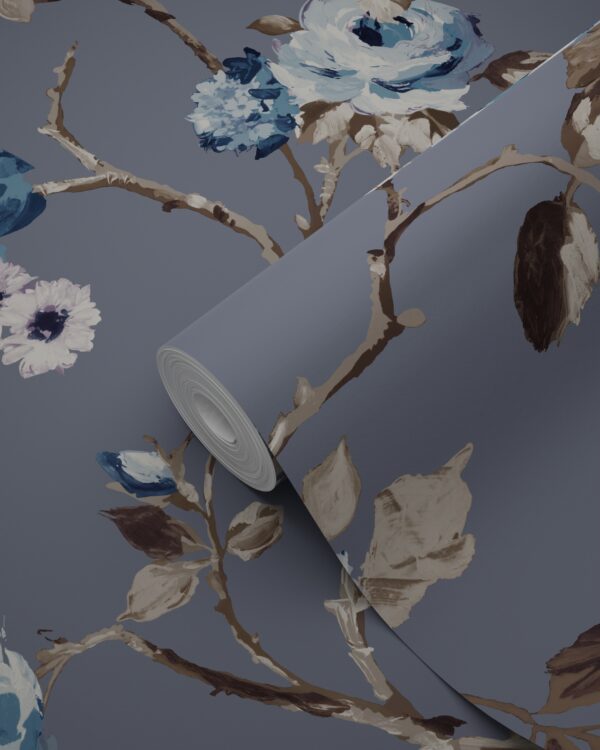 Origin Wallcoverings tapeet lilled vintage sinine ja hallikaspruun
