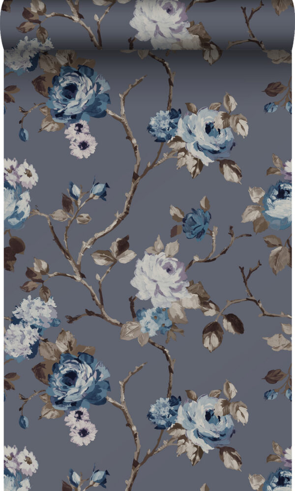 Origin Wallcoverings tapeet lilled vintage sinine ja hallikaspruun