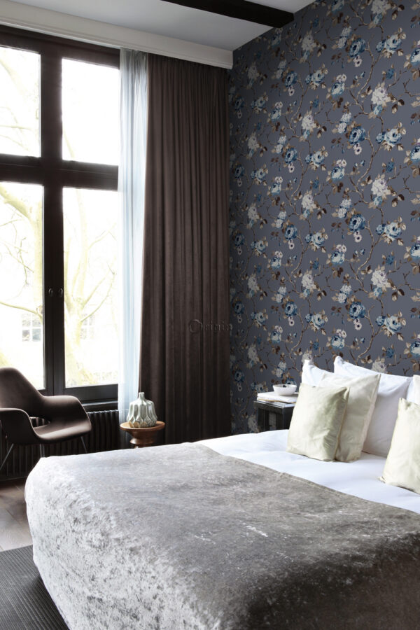Origin Wallcoverings tapeet lilled vintage sinine ja hallikaspruun