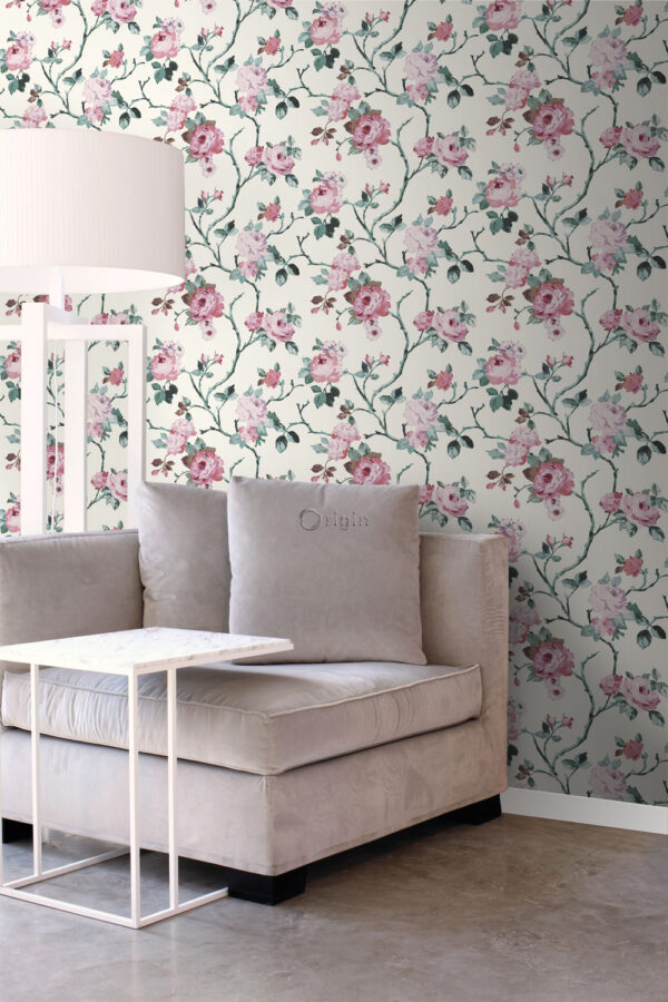 Origin Wallcoverings lillemotiiv tapeet - valgekirju ja heleroosa ja roheline